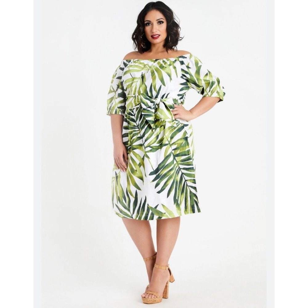 Ashley Stewart Womens Palm Leaf Off Shoulder Puff Sleeve Dress Plus Size 26 new